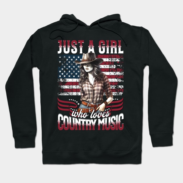Just A Girl Who Loves Country Music" - Patriotic Cowgirl 4th of July Tee Hoodie by JJDezigns